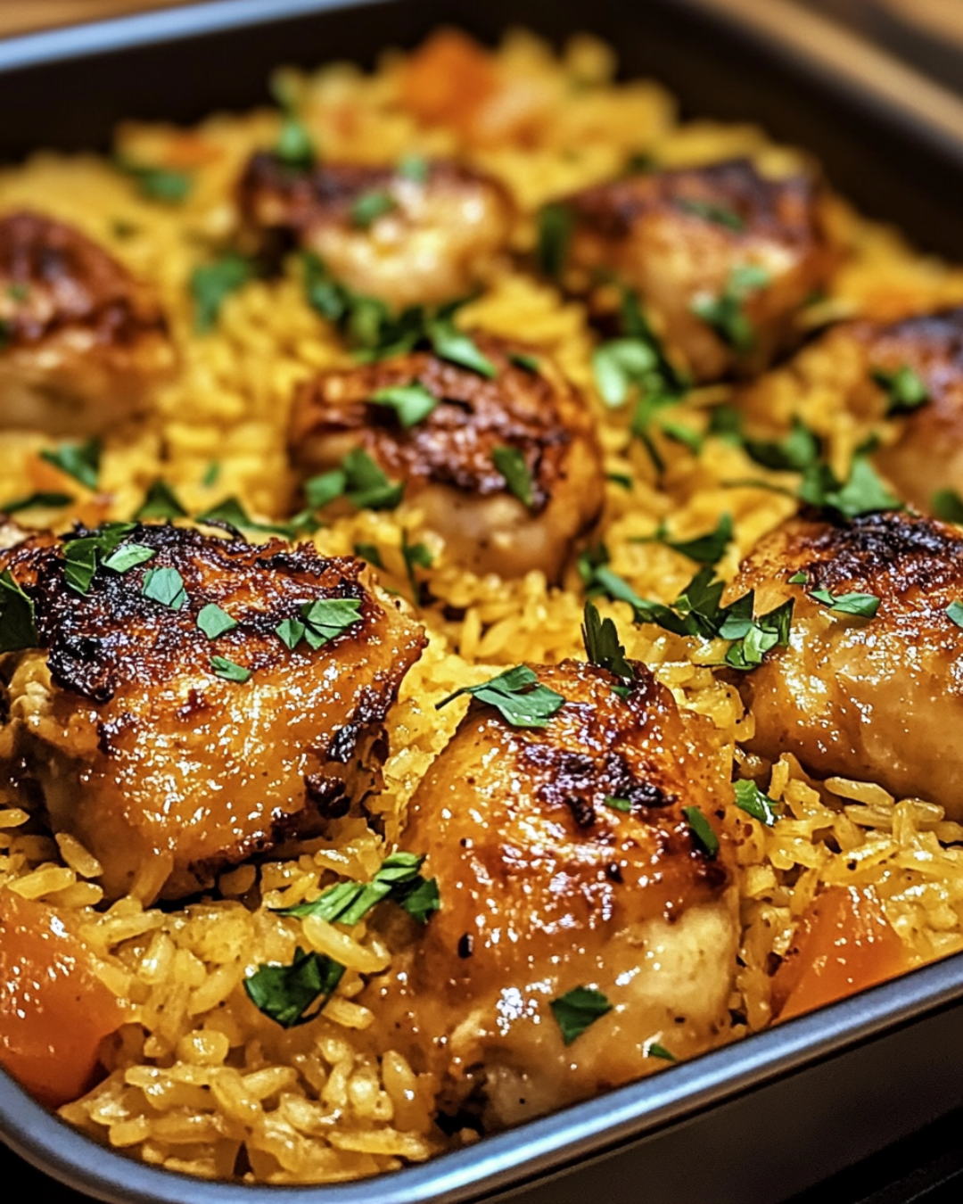 Golden baked chicken thighs on fluffy seasoned rice in a baking dish