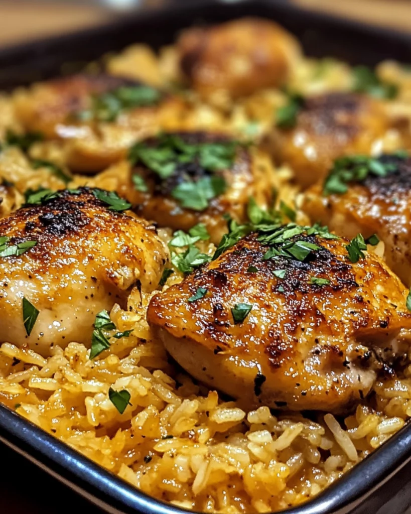 Golden baked chicken thighs on fluffy seasoned rice in a baking dish