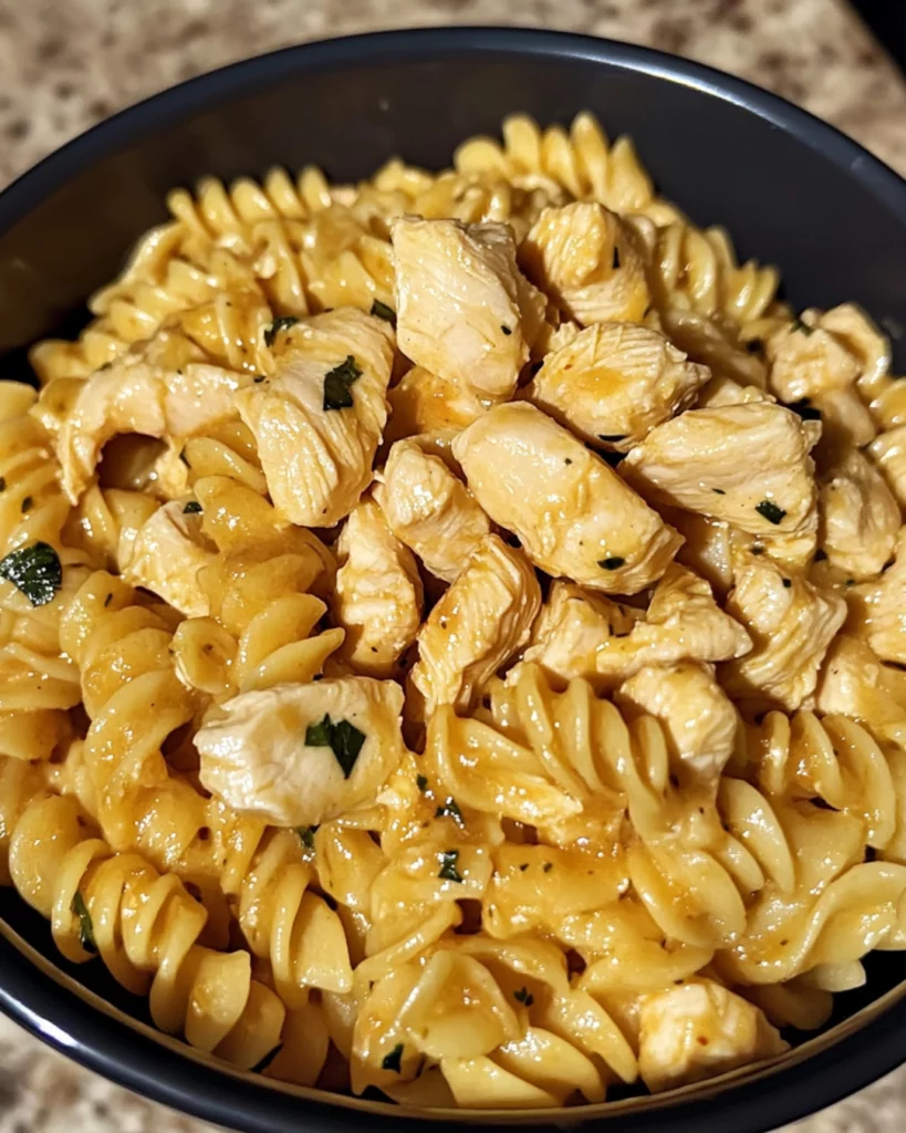 A bowl of creamy Hidden Valley Ranch Chicken Pasta with shredded cheese and parsley garnish, served on a rustic wooden table.