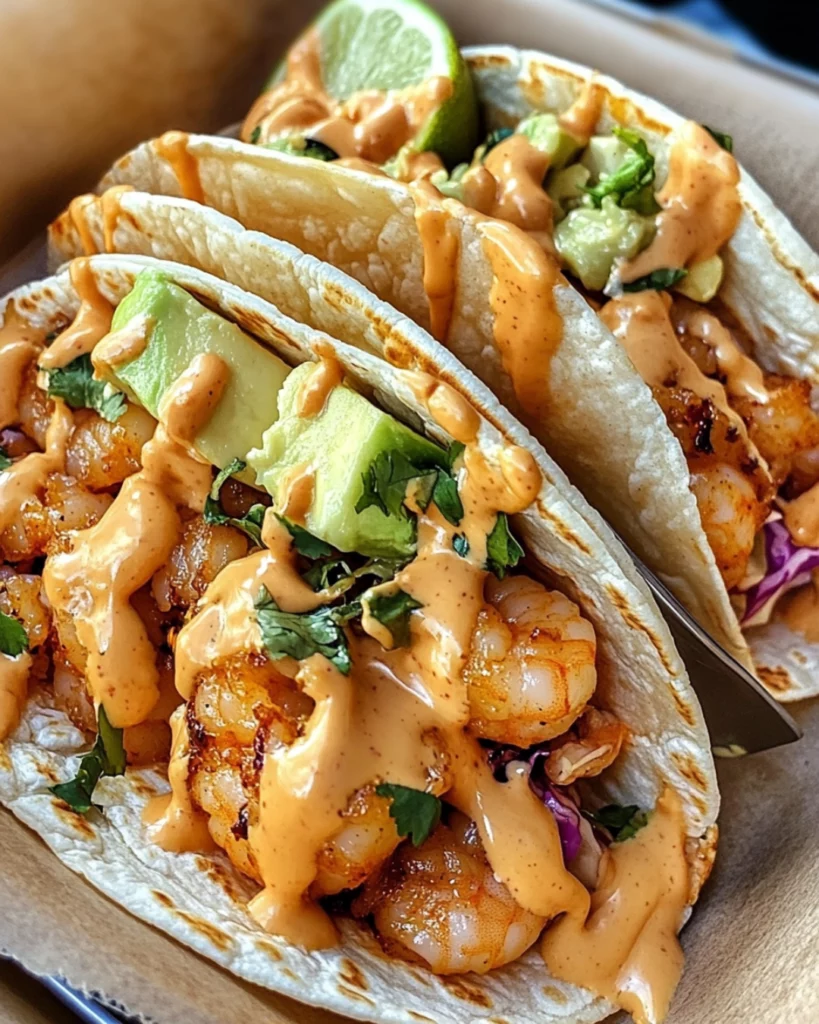 Close-up of Bang Bang Shrimp Tacos with slaw in a soft tortilla