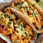 Close-up of Bang Bang Shrimp Tacos with slaw in a soft tortilla