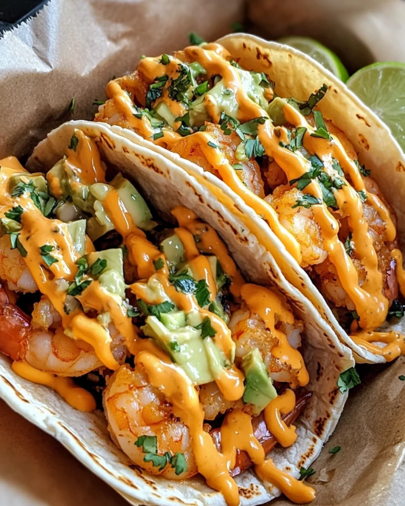 Close-up of Bang Bang Shrimp Tacos with slaw in a soft tortilla