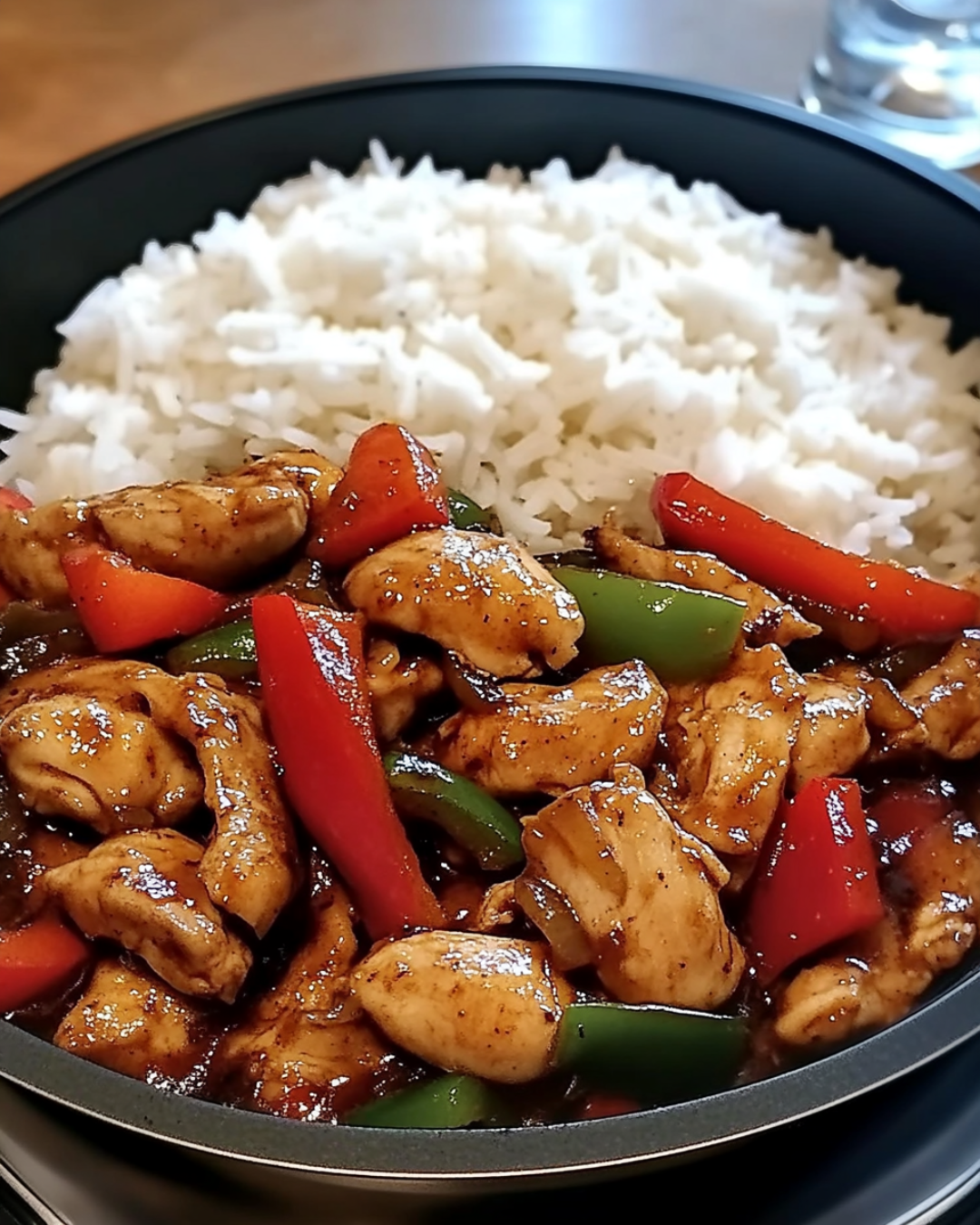 A sizzling garlic chicken stir-fry with colorful bell peppers served over steamed rice in a bowl, garnished with green onions and sesame seeds.