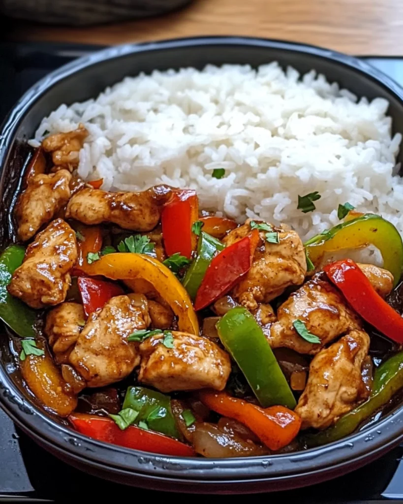 A sizzling garlic chicken stir-fry with colorful bell peppers served over steamed rice in a bowl, garnished with green onions and sesame seeds.