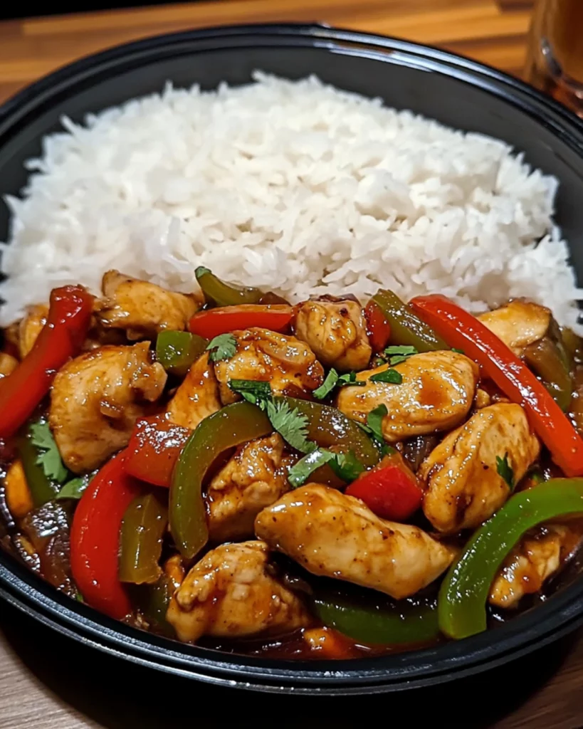 A sizzling garlic chicken stir-fry with colorful bell peppers served over steamed rice in a bowl, garnished with green onions and sesame seeds.