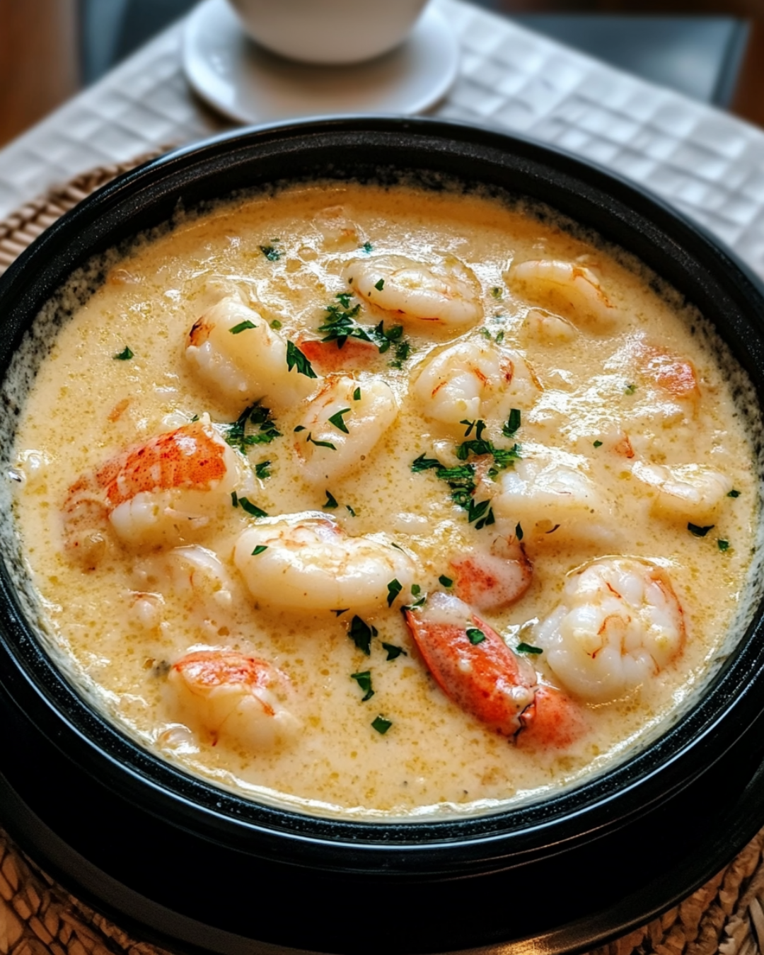 A bowl of creamy seafood bisque with shrimp, crab, and lobster, garnished with parsley and served with crusty bread