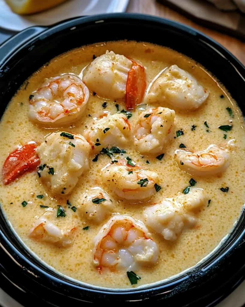A bowl of creamy seafood bisque with shrimp, crab, and lobster, garnished with parsley and served with crusty bread
