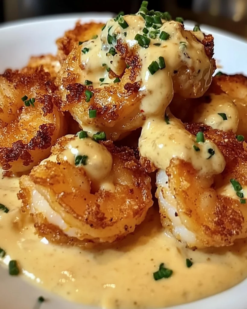 A plate of crispy fried shrimp over creamy grits, drizzled with a rich crab cream sauce and garnished with fresh parsley.