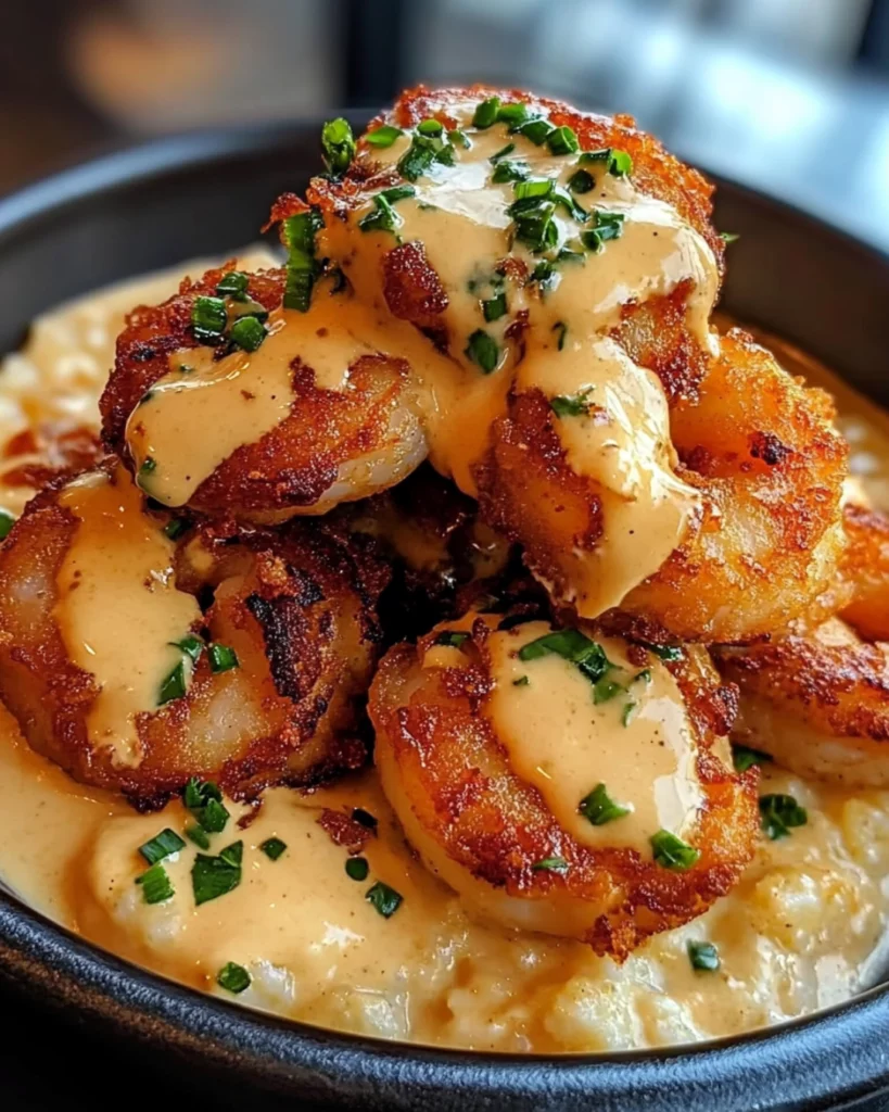 A plate of crispy fried shrimp over creamy grits, drizzled with a rich crab cream sauce and garnished with fresh parsley.