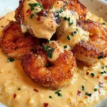 A plate of crispy fried shrimp over creamy grits, drizzled with a rich crab cream sauce and garnished with fresh parsley.