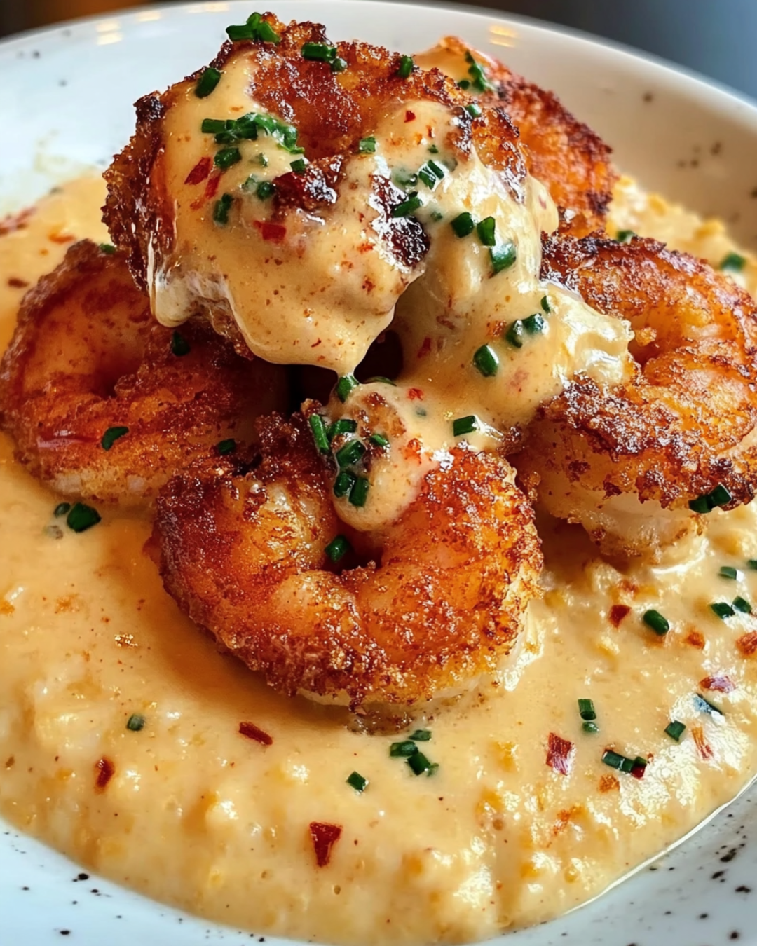 A plate of crispy fried shrimp over creamy grits, drizzled with a rich crab cream sauce and garnished with fresh parsley.
