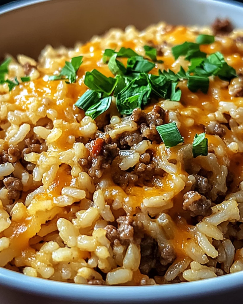 Cheesy Ground Beef Rice Casserole in a baking dish with melted golden cheese on top.