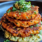 Golden crispy sweet potato and zucchini fritters stacked on a plate with yogurt dip