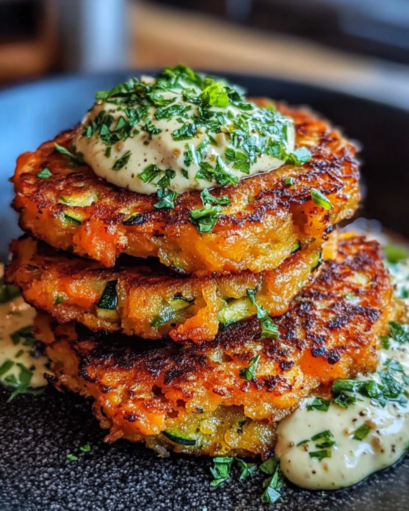 Golden crispy sweet potato and zucchini fritters stacked on a plate with yogurt dip