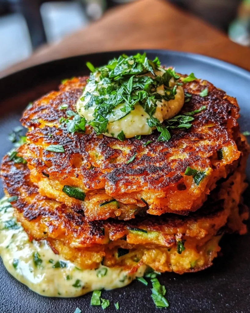 Golden crispy sweet potato and zucchini fritters stacked on a plate with yogurt dip