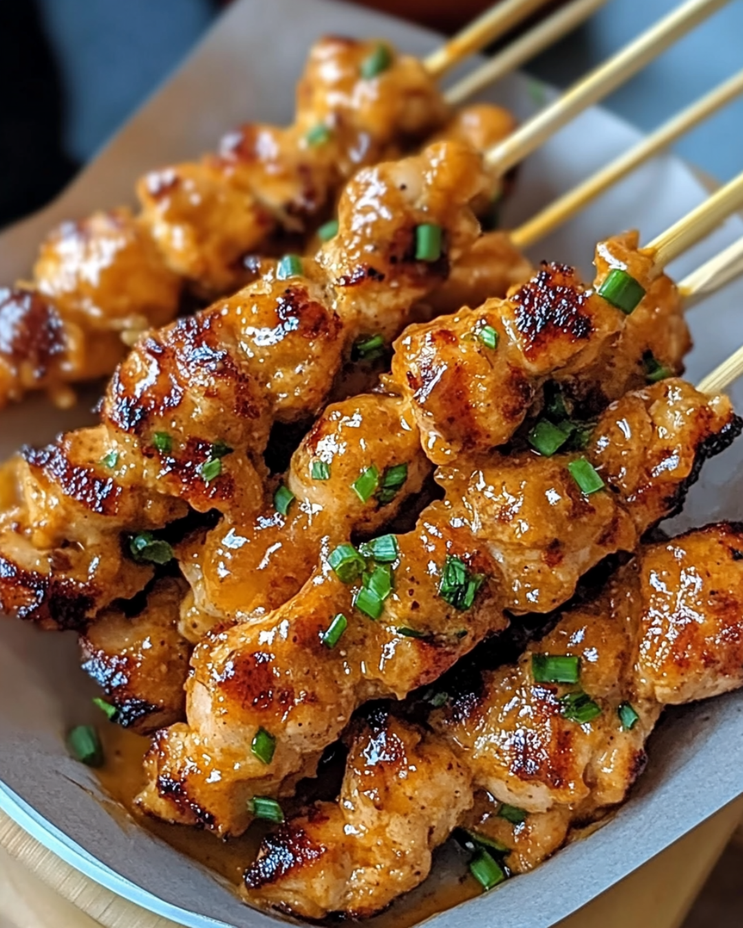 Juicy Bang Bang Chicken Skewers grilled to perfection with a spicy, creamy sauce, served with fresh vegetables.