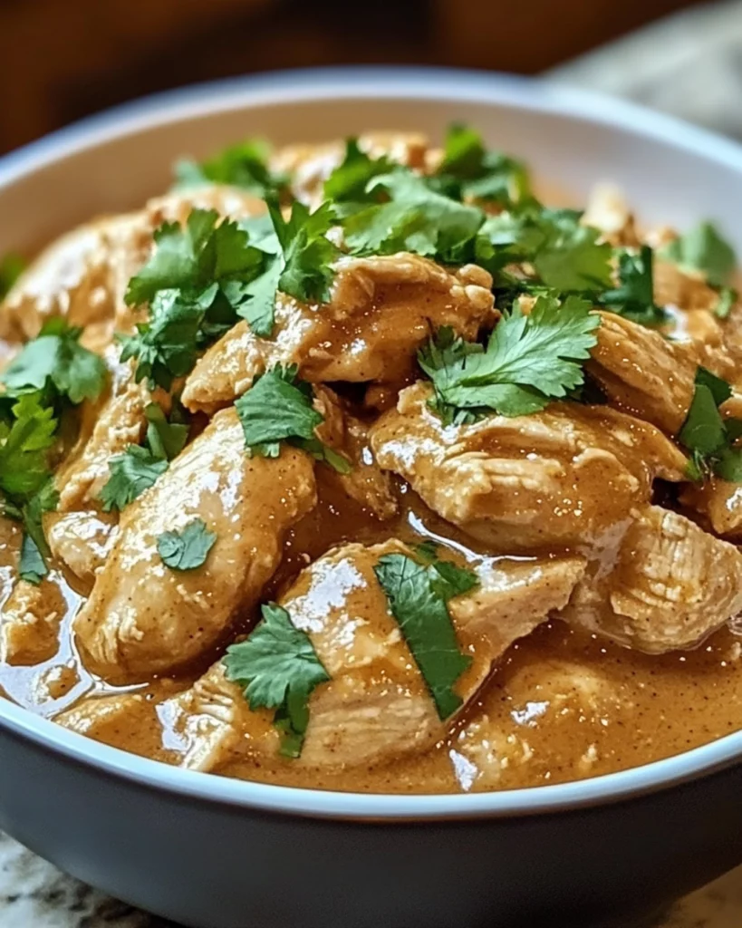A bowl of Slow-Cooked Thai Peanut Chicken served over jasmine rice, garnished with peanuts, cilantro, and lime wedges.