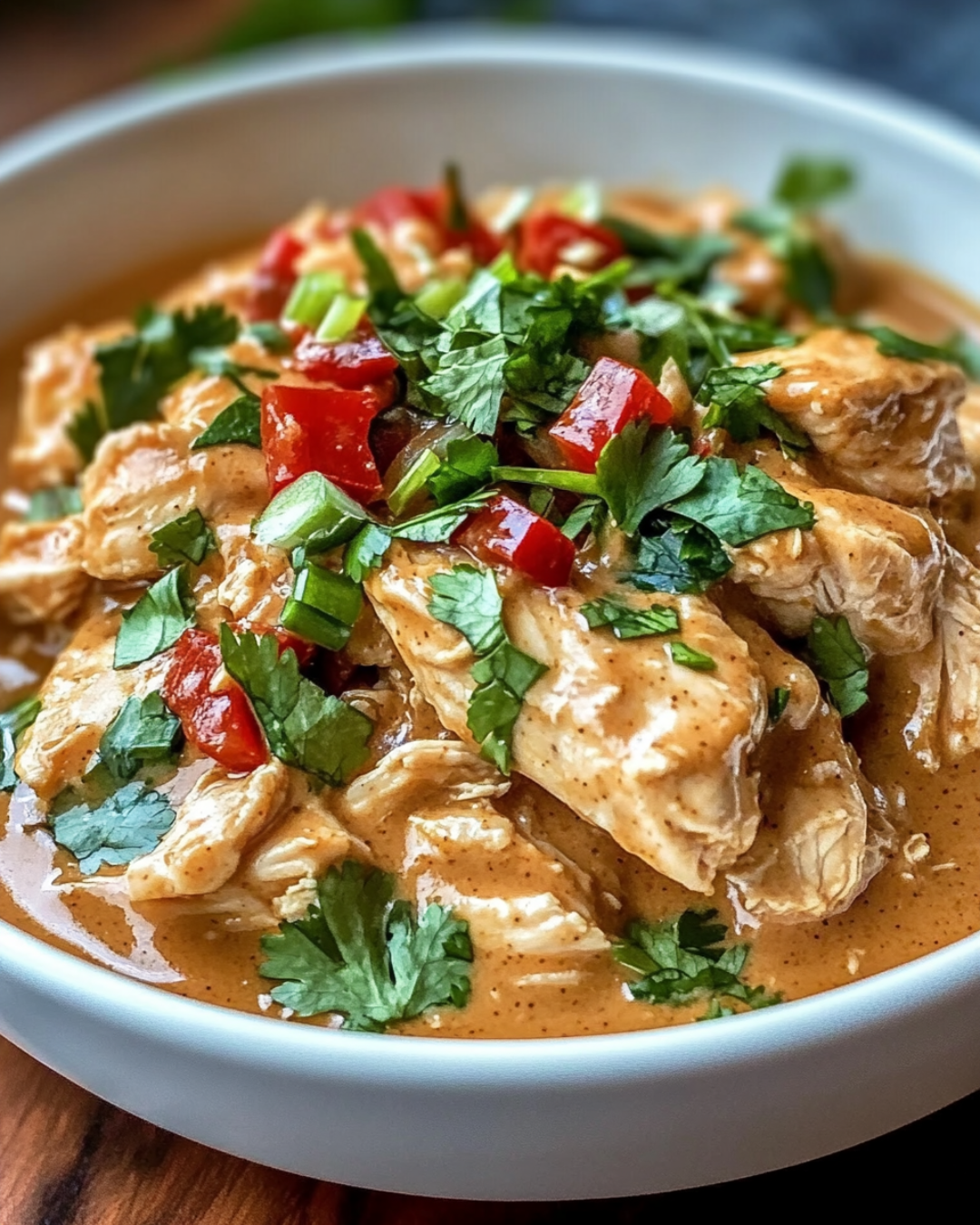 A bowl of Slow-Cooked Thai Peanut Chicken served over jasmine rice, garnished with peanuts, cilantro, and lime wedges.