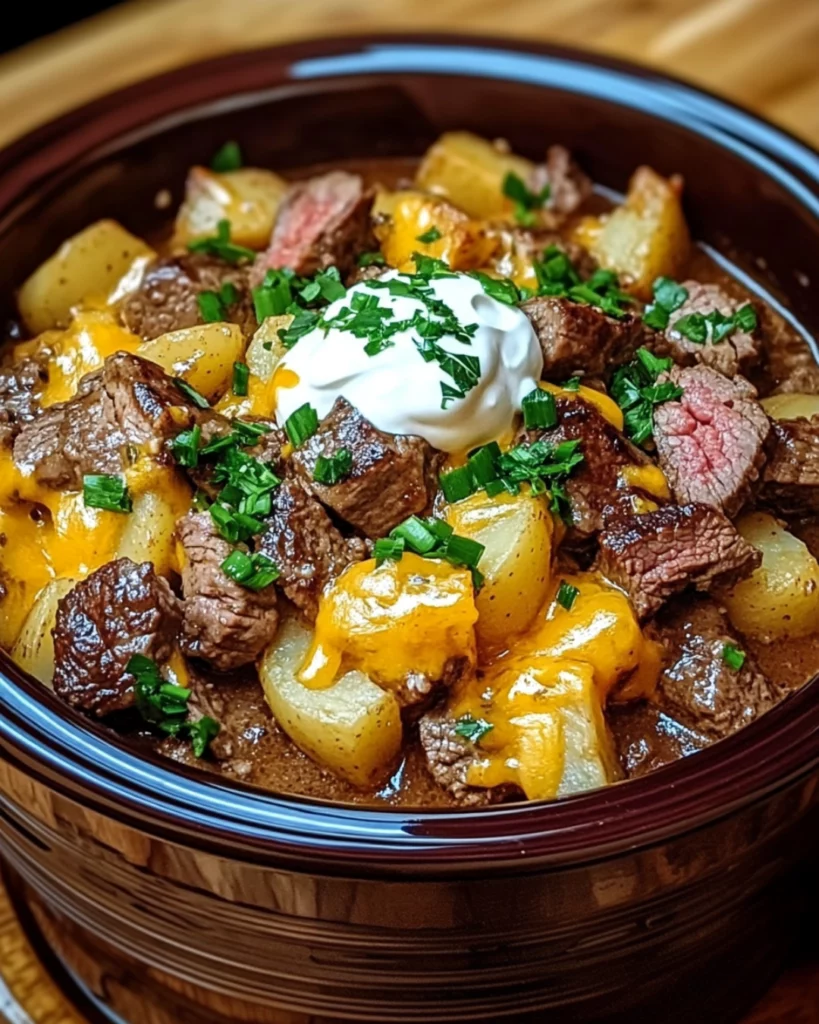 Close-up of Crockpot Loaded Steak and Potato Bake with melted cheese