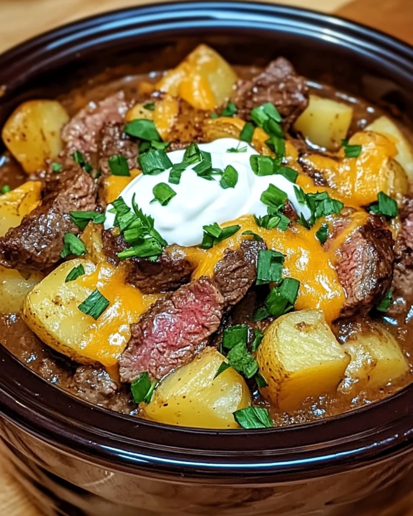 Close-up of Crockpot Loaded Steak and Potato Bake with melted cheese