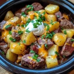 Close-up of Crockpot Loaded Steak and Potato Bake with melted cheese