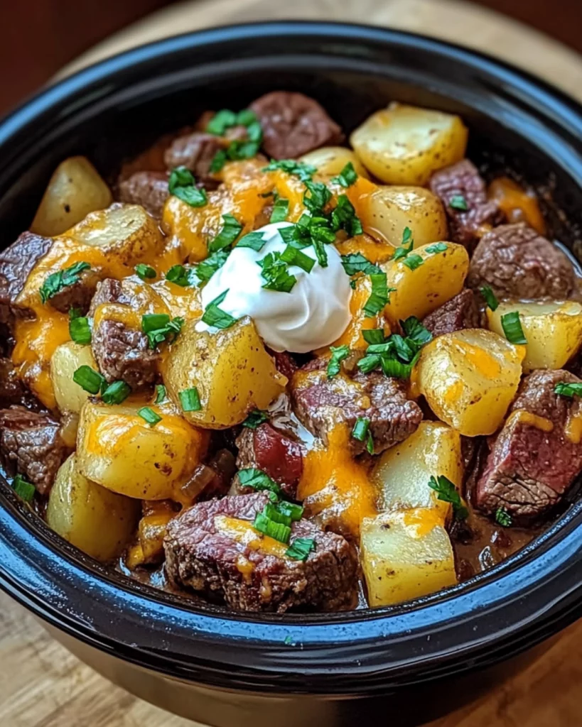 Close-up of Crockpot Loaded Steak and Potato Bake with melted cheese