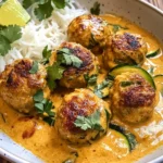A bowl of Thai Chicken Zucchini Meatballs in Coconut Curry, garnished with fresh basil and served with rice.
