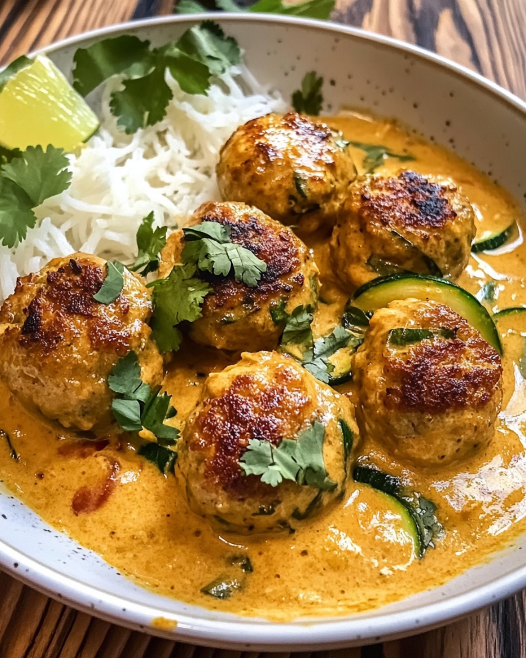 A bowl of Thai Chicken Zucchini Meatballs in Coconut Curry, garnished with fresh basil and served with rice.