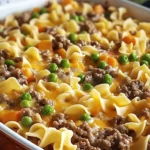 A golden, cheesy Amish Sunday Savior Casserole in a baking dish, topped with crispy crackers and garnished with fresh parsley.