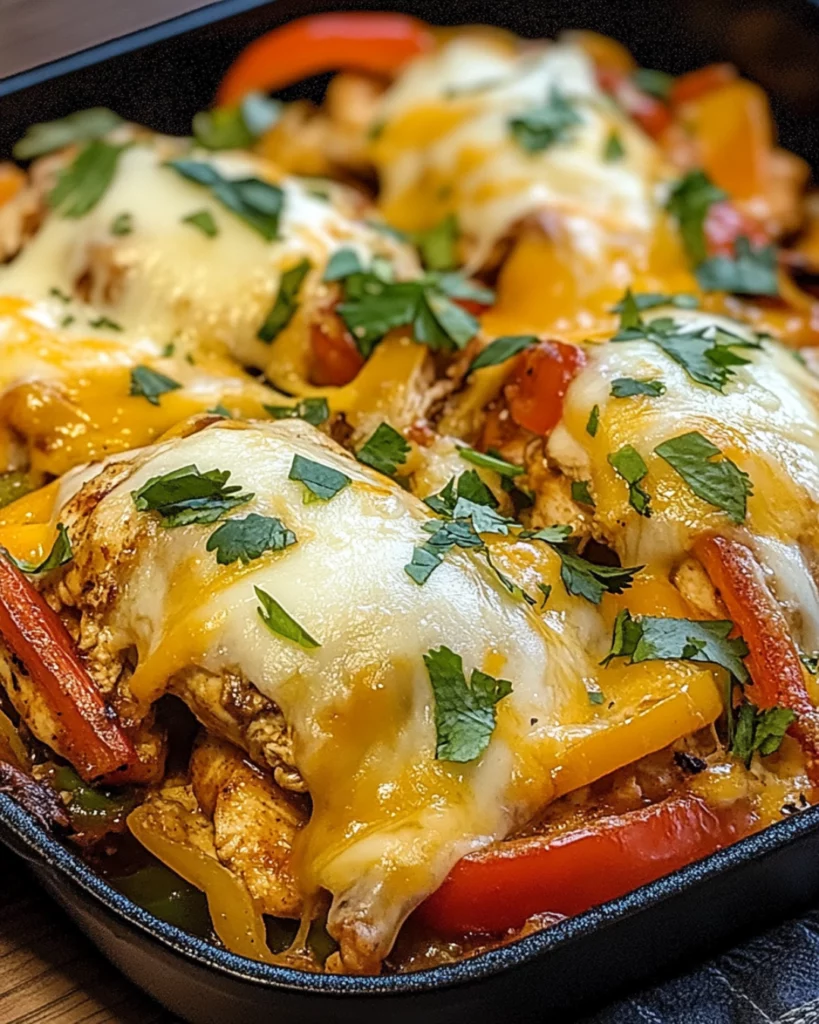 Cheesy baked fajita chicken with melted cheese and colorful bell peppers in a baking dish.