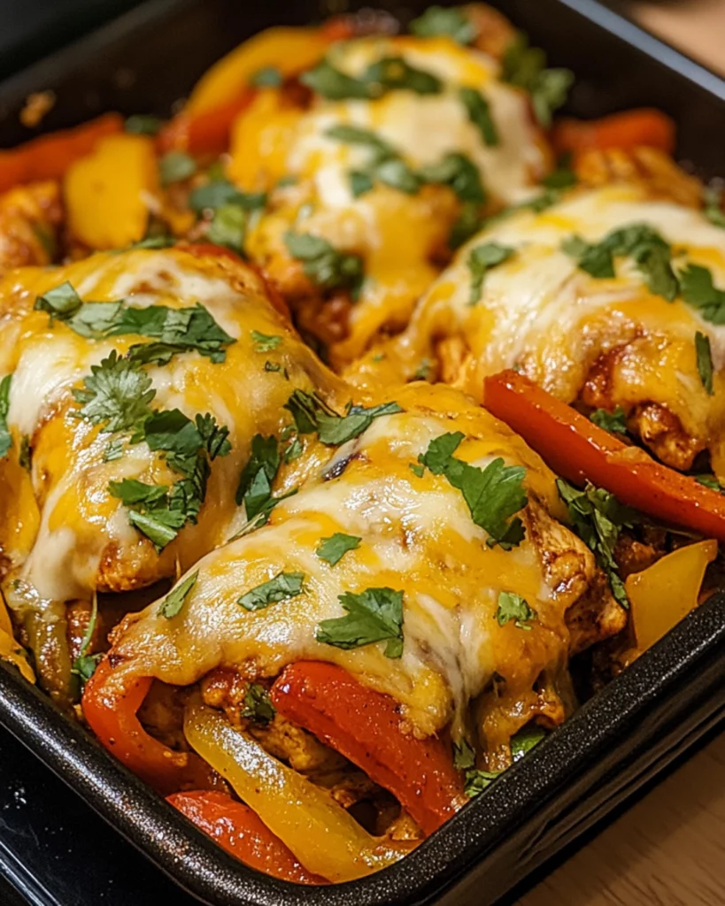 Cheesy baked fajita chicken with melted cheese and colorful bell peppers in a baking dish.