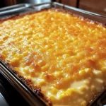 A golden-baked cream cheese corn casserole in a white dish, ready to be served