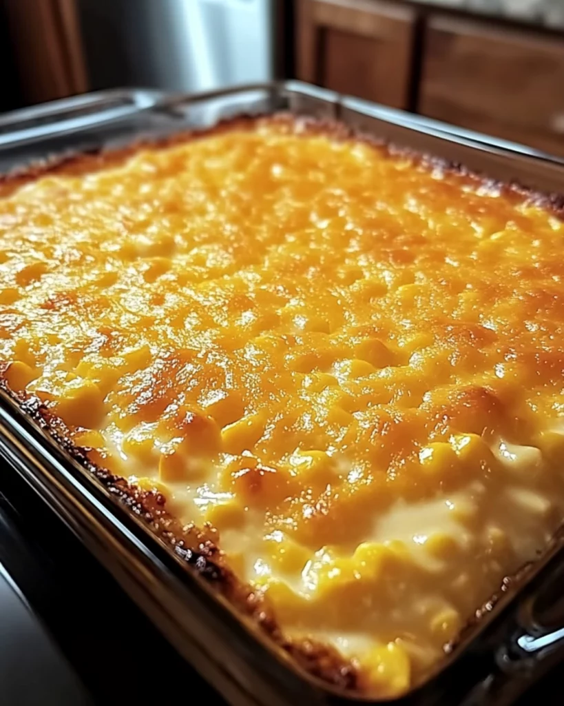 A golden-baked cream cheese corn casserole in a white dish, ready to be served