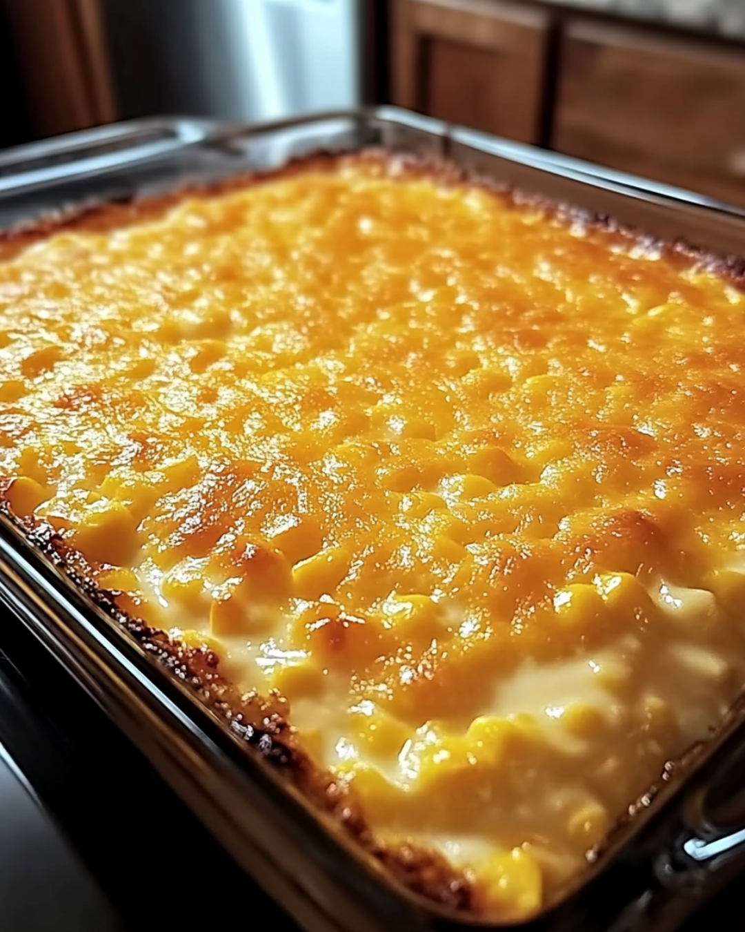 A golden-baked cream cheese corn casserole in a white dish, ready to be served