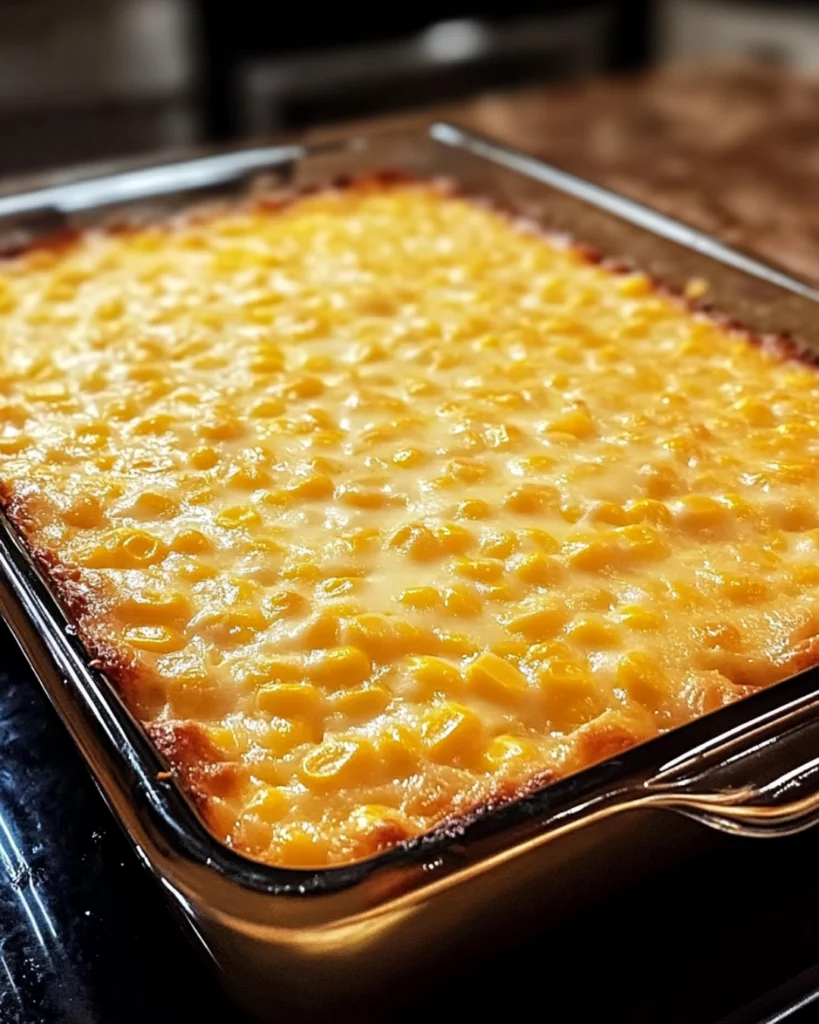 A golden-baked cream cheese corn casserole in a white dish, ready to be served