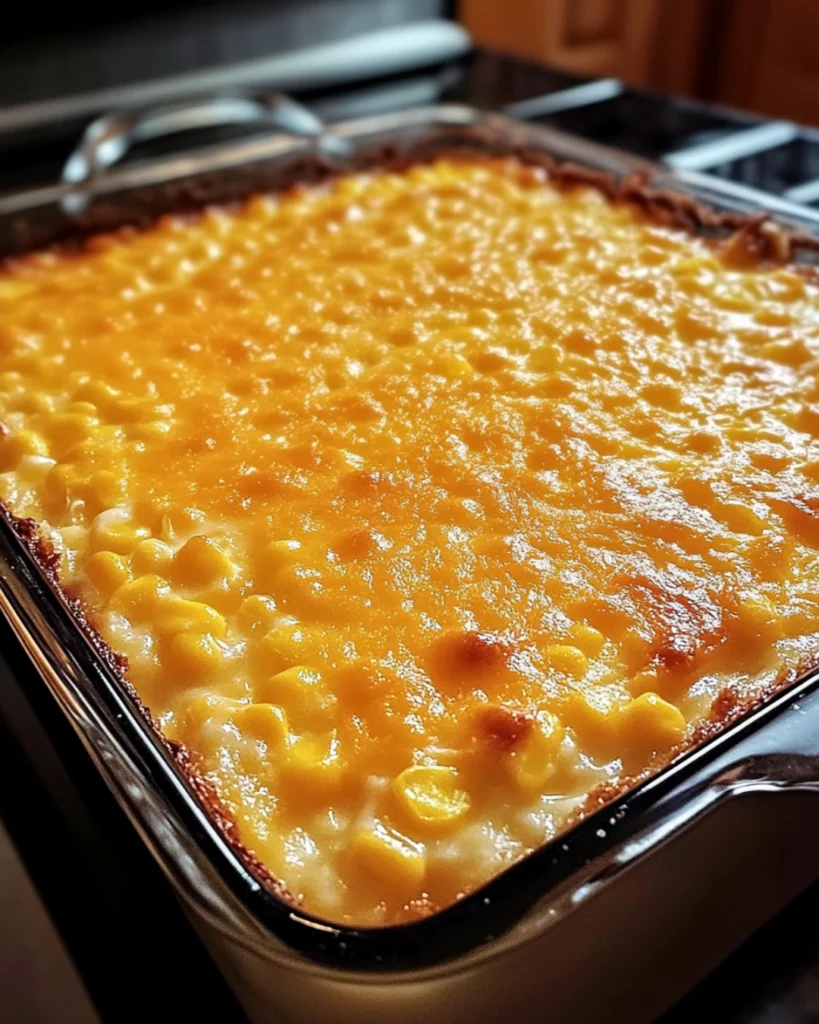 A golden-baked cream cheese corn casserole in a white dish, ready to be served