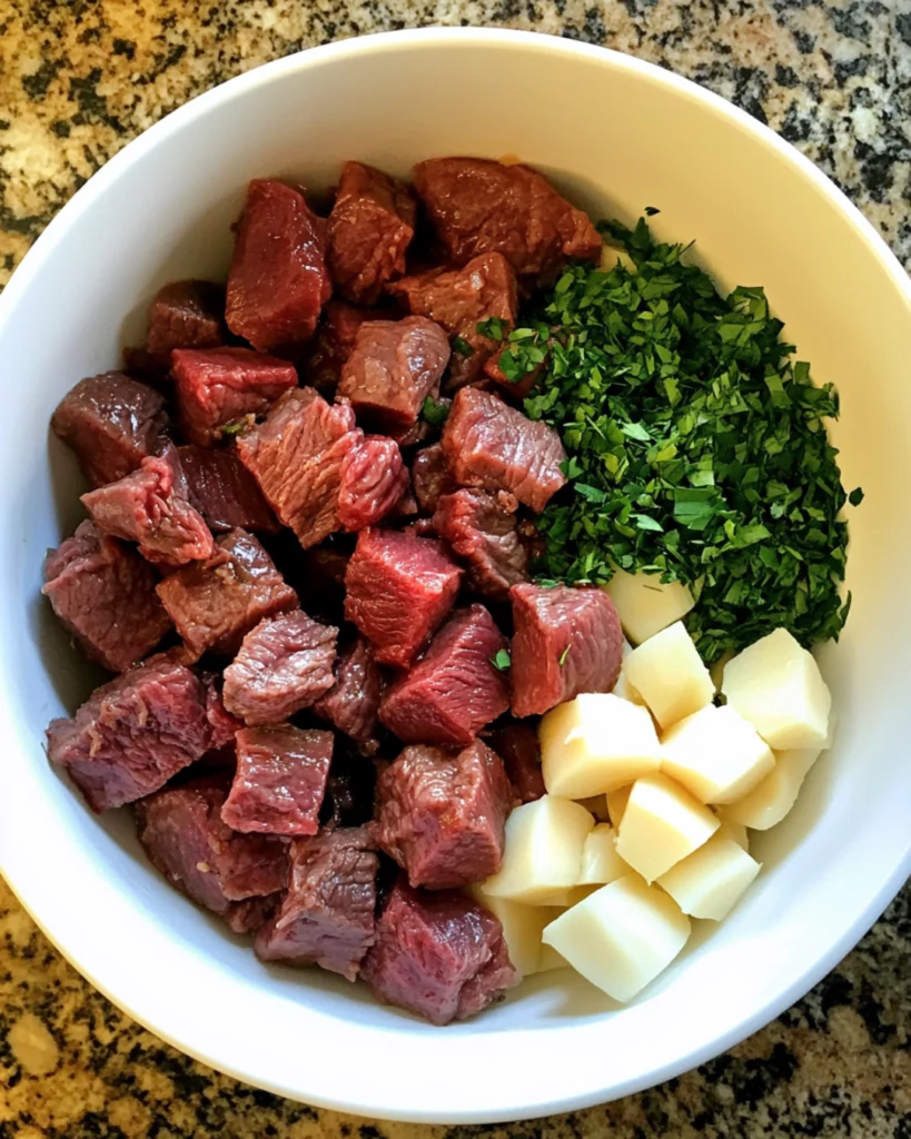 Crockpot Beef Tips and Noodles served in a white bowl with parsley