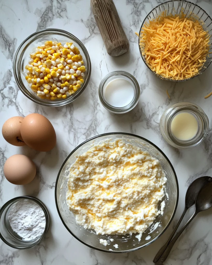 A golden-baked cream cheese corn casserole in a white dish, ready to be served