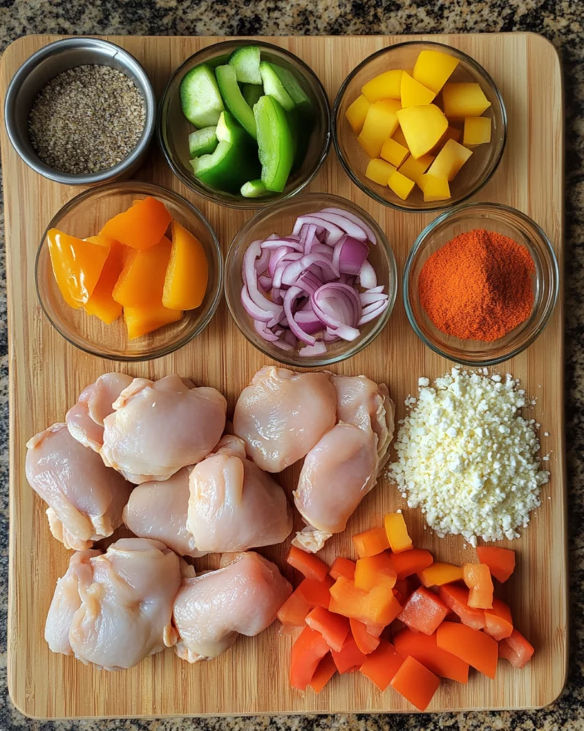 Cheesy baked fajita chicken with melted cheese and colorful bell peppers in a baking dish.