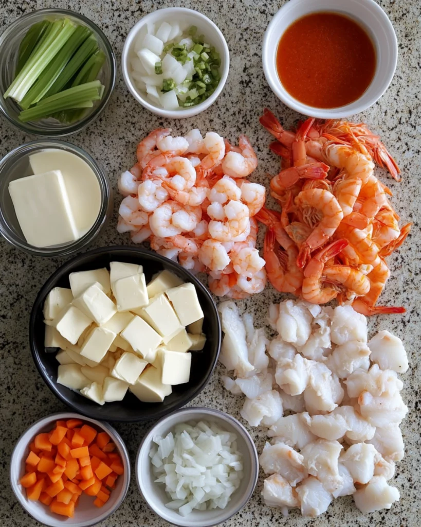 A bowl of creamy seafood bisque with shrimp, crab, and lobster, garnished with parsley and served with crusty bread