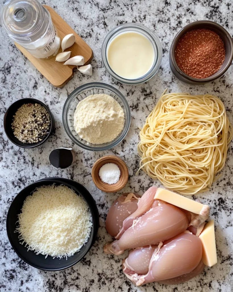 Cajun chicken served over creamy Parmesan linguine pasta with herbs.