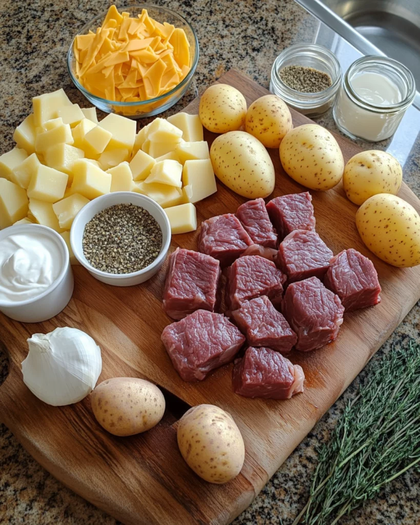 Close-up of Crockpot Loaded Steak and Potato Bake with melted cheese