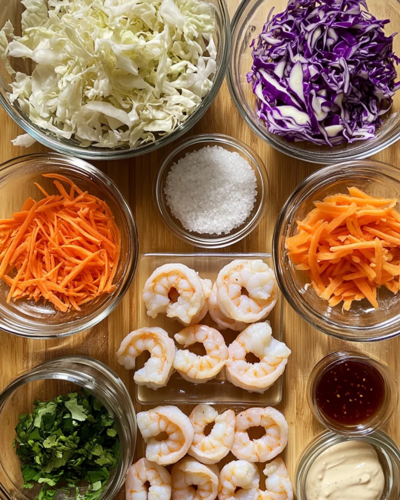Close-up of Bang Bang Shrimp Tacos with slaw in a soft tortilla
