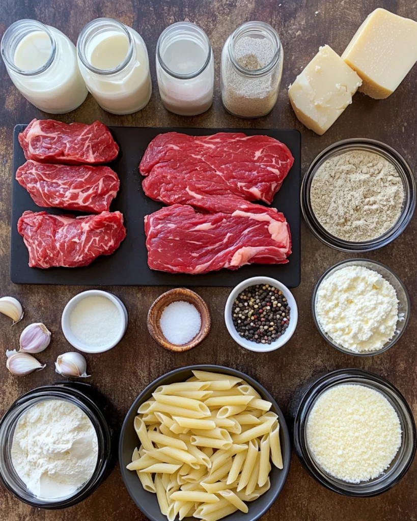 A bowl of creamy ranch steak pasta topped with mozzarella and parsley