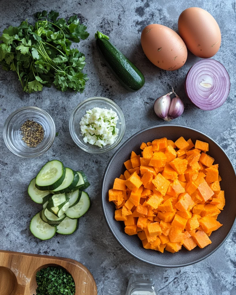 Golden crispy sweet potato and zucchini fritters stacked on a plate with yogurt dip