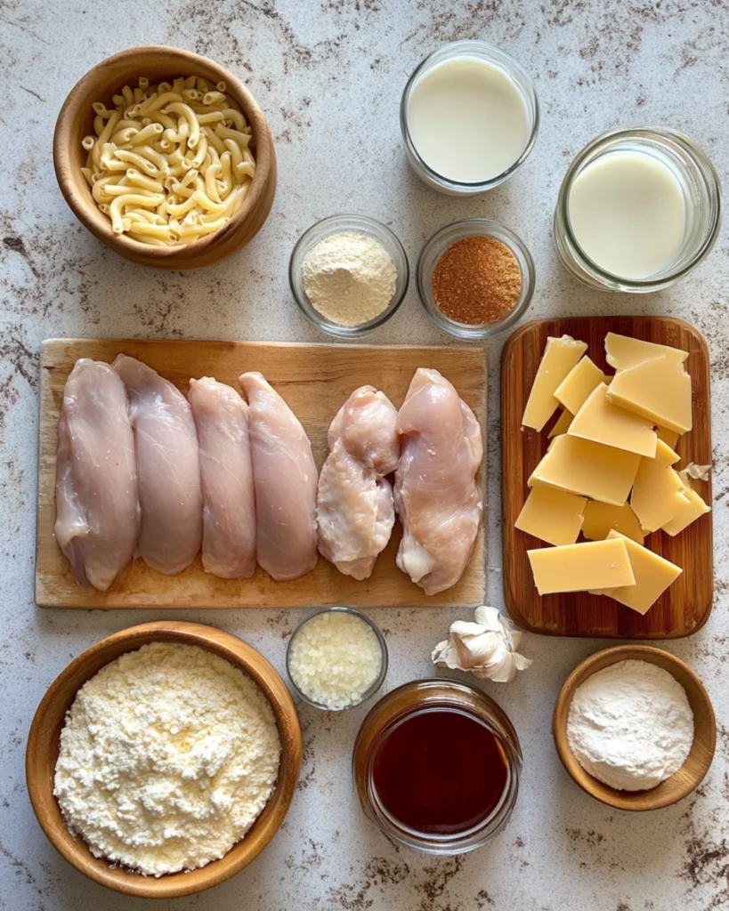 Creamy honey pepper chicken mac and cheese topped with glazed chicken and fresh herbs in a serving dish.