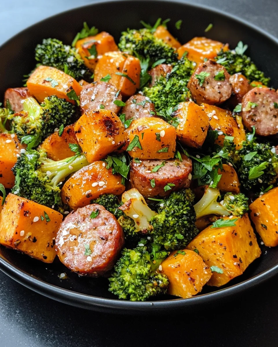 Sheet Pan Sausage and Sweet Potatoes with Honey Garlic Sauce