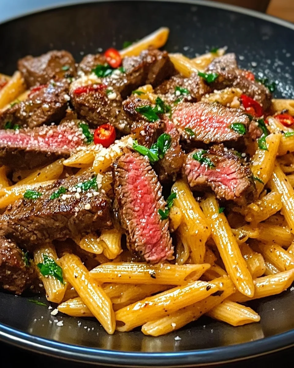 One-Skillet Spicy Garlic Butter Parmesan Steak Pasta