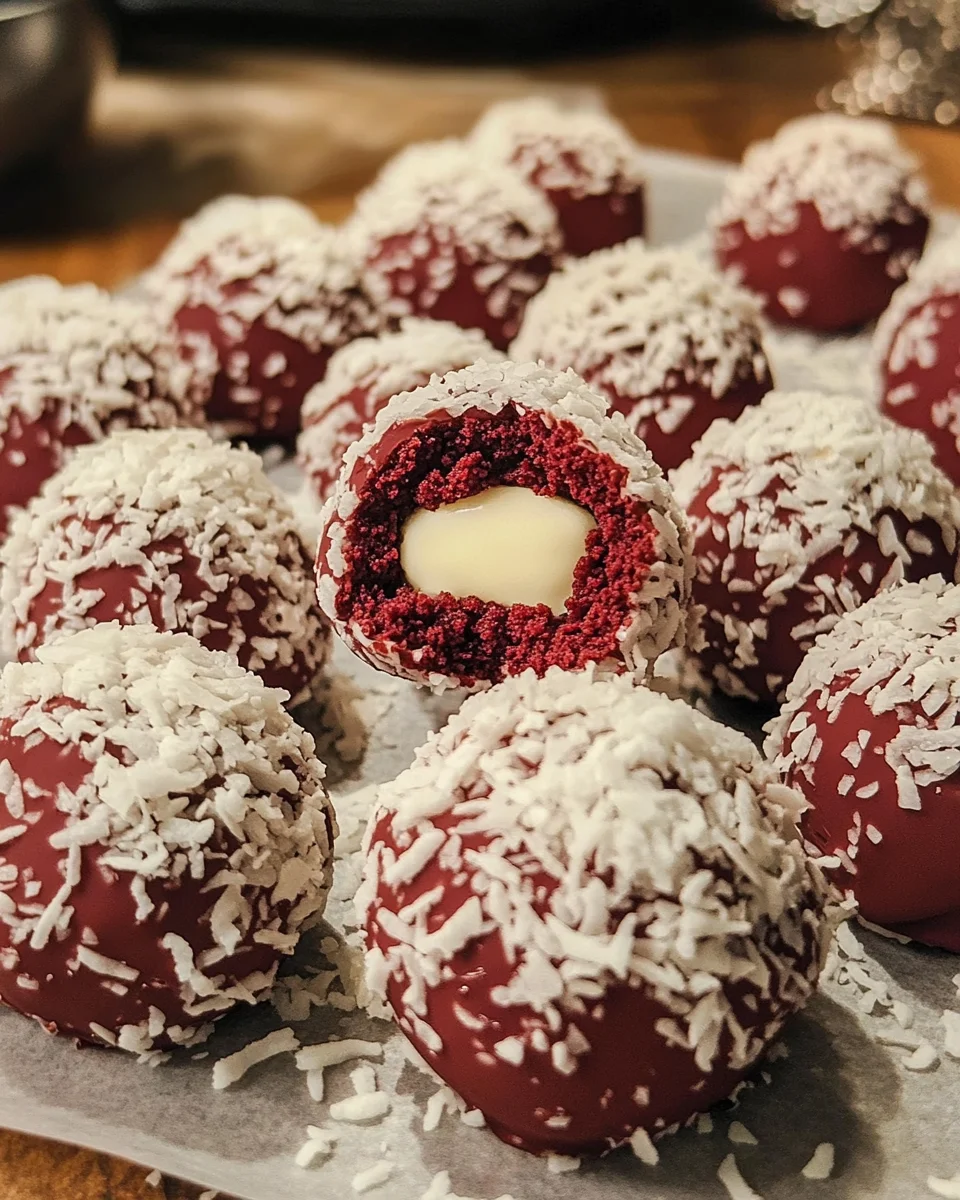 Red Velvet Snowball Cookies with White Chocolate Filling