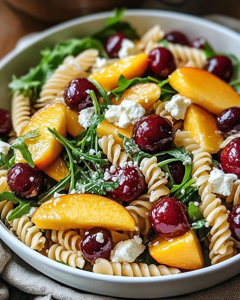 Summer Pasta Salad with Peaches, Cherries, and Feta Bliss
